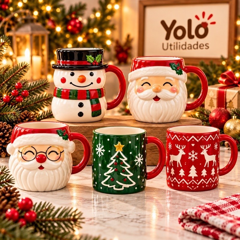 Caneca de Cerâmica Natalina com Alça, Estampa D Papai Noel e Boneco de Neve Decoração Natal