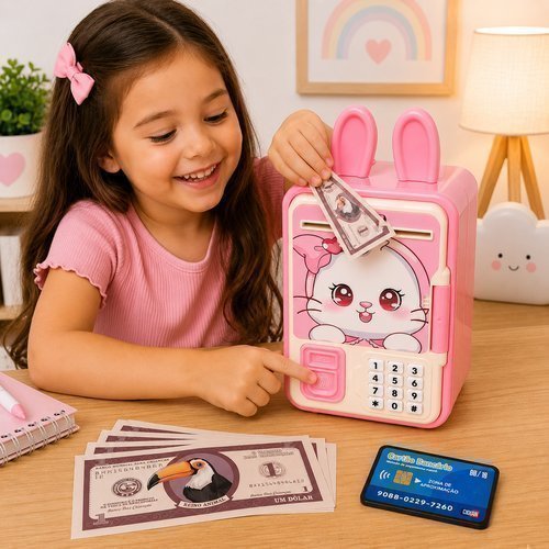 Cofrinho Eletrônico Coelho Infantil  Senha e Impressão Digital Mini ATM + 3 Anos