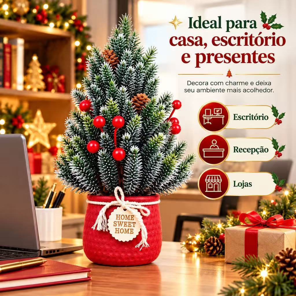 Mini Árvore de Natal Decorada 35cm Pinheiro Nevado Artificial com Vaso Vermelho Enfeite Natalino de Mesa Casa Escritório