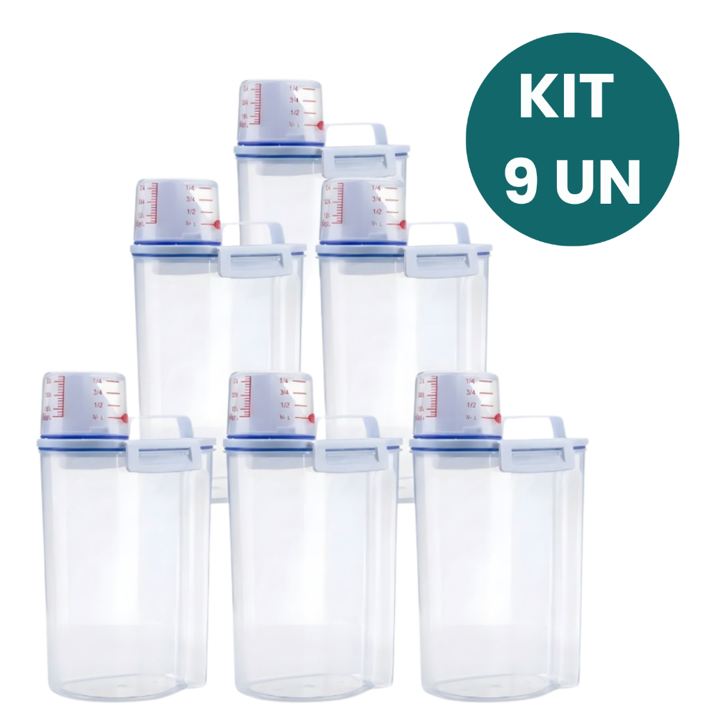 Kit 9 Potes Herméticos 2,5L Copo Medidor Bico Dosador Anti Vazamento Multiuso Organizador Mantimentos Lavanderia