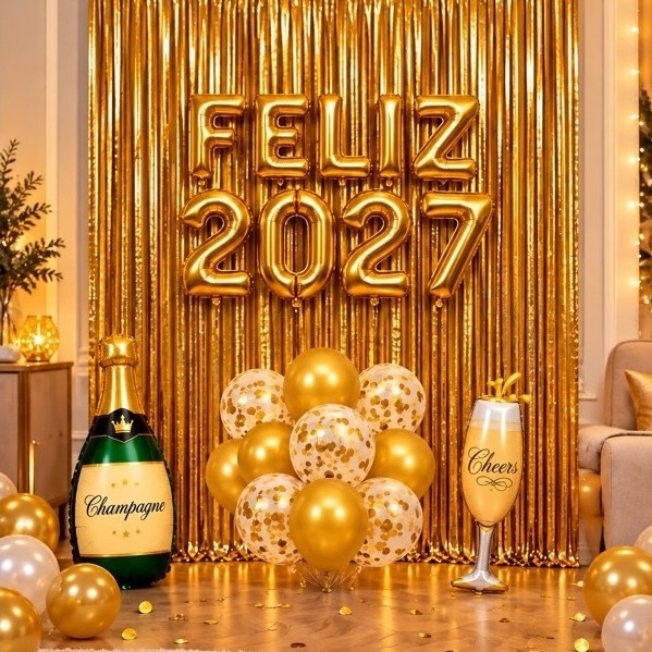 KIT DECORAÇÃO ANO NOVO 2027 DOURADO COM CORTINAS METALIZADAS BALÕES FELIZ 2027 CHAMPANHE TAÇA E BUQUÊ DE BEXIGAS