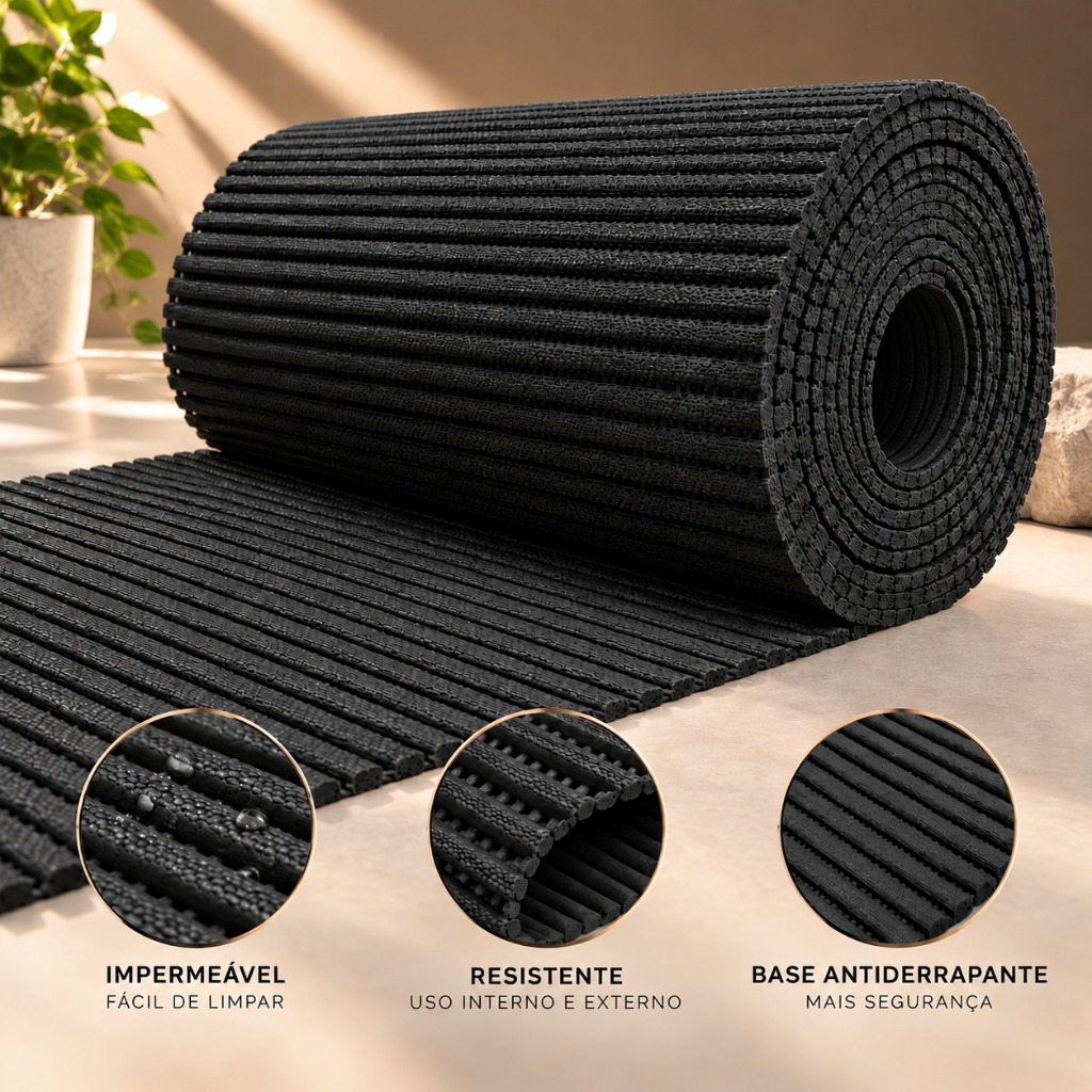 Tapete Passadeira Antiderrapante Emborrachado Preto Banheiro/Cozinha/Lavanderia/Sala