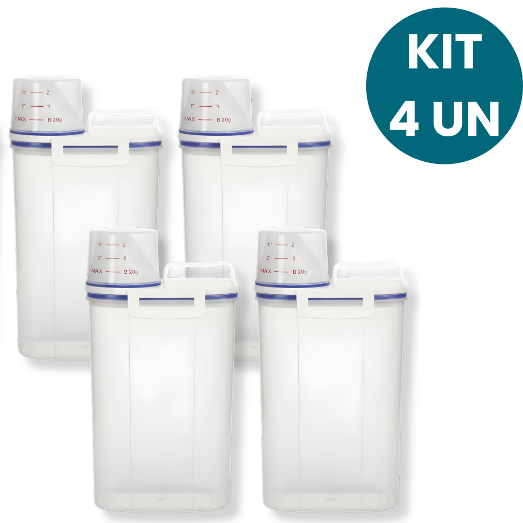 Kit 4 Potes Herméticos 2,5L Anti Vazamento Copo Medidor Bico Dosador Multiuso Organizador Cozinha Lavanderia Mantimentos