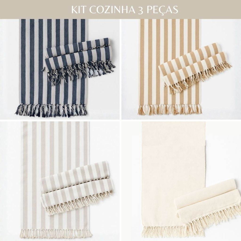 Kit Tapetes Para Cozinha 3 Peças Listrado Com Franja Artesanal Búzios Para Cozinha, Lavanderia, Varanda E Área Interna