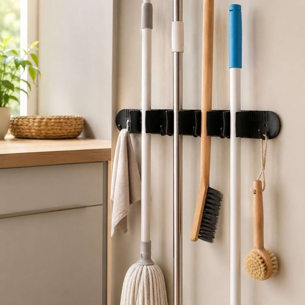 Suporte de Parede Organizador Vassoura Rodo e Utensilios 33cm 4 Fixadores 5 Ganchos Lavanderia Cozinha e Area de Servico