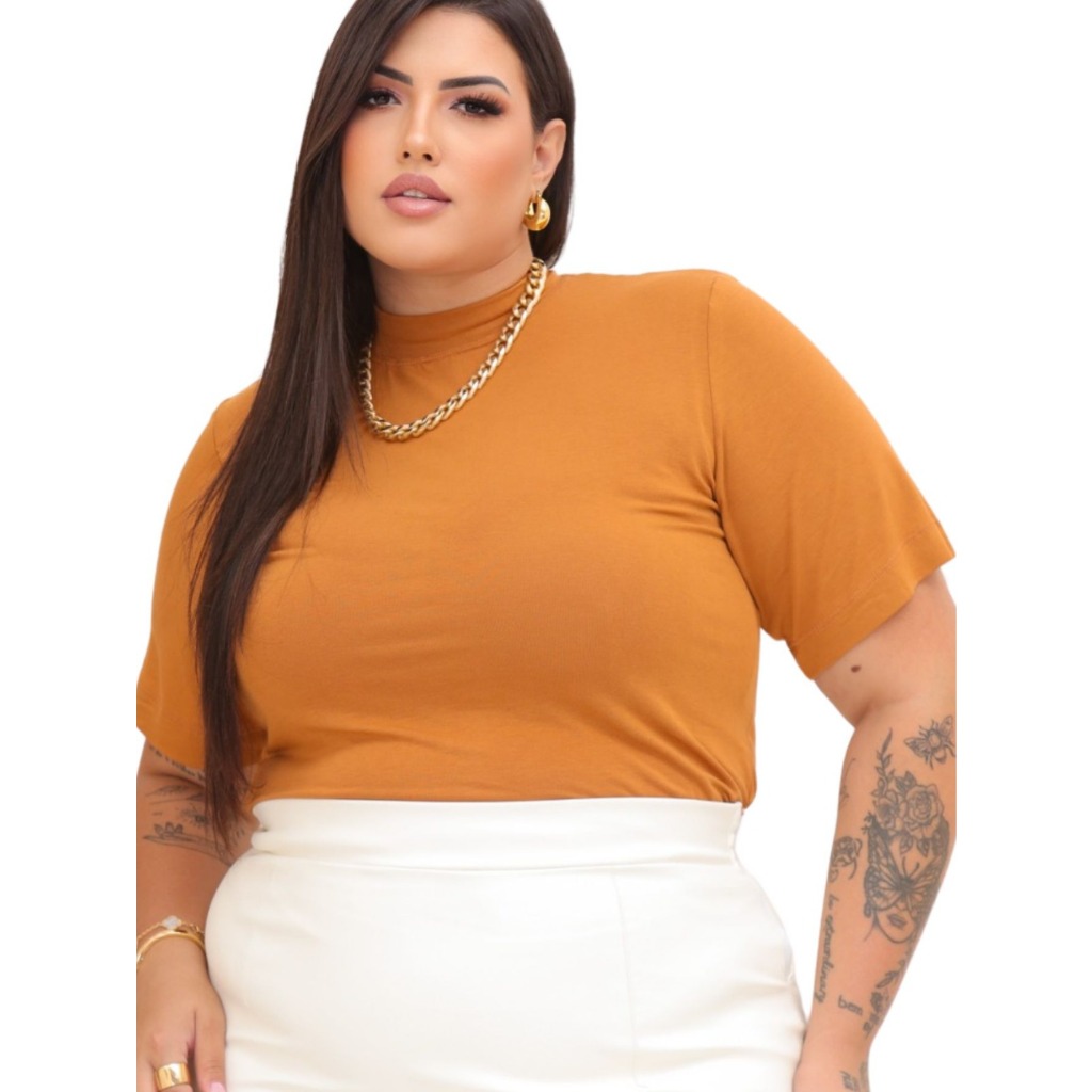 Camiseta Feminina Blusa Moda Verão Gola Alta Casual Plus Size Xg - Hana