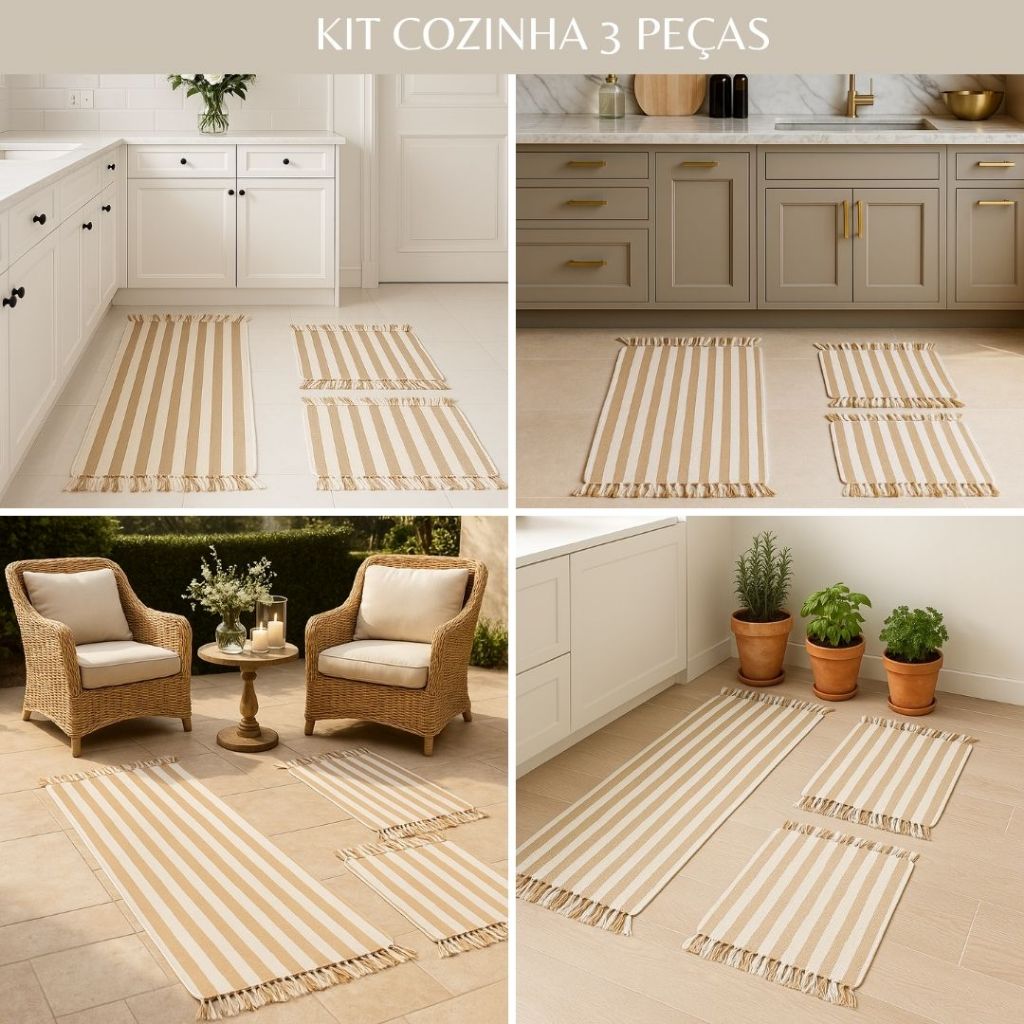 Kit Tapetes 3 Peças Listrado Com Franjinhas Búzios Para Cozinha, Sala Integrada, Varanda Estilizada E Lavanderia