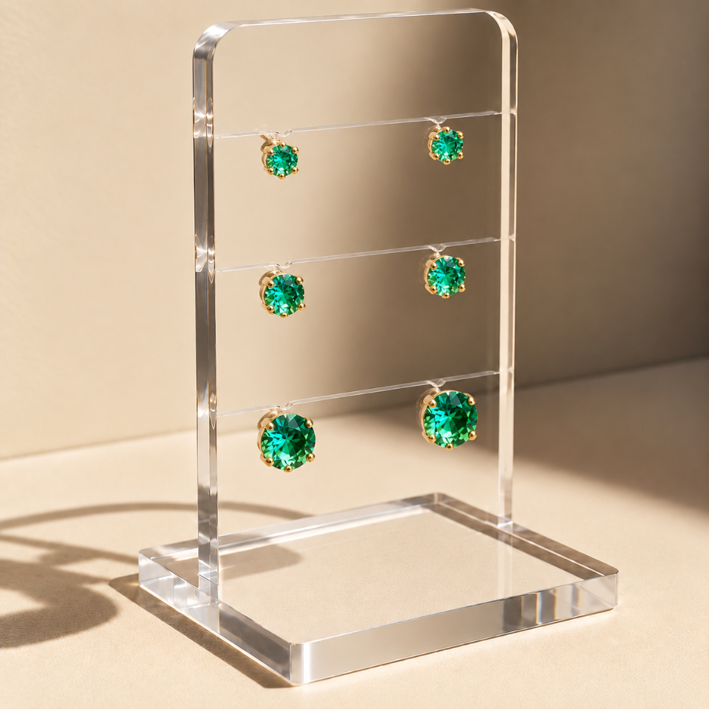 Kit Trio Brinco Ponto de Luz Zircônia Verde Esmeralda Banhado Ouro 18k Premium Feminino Presente