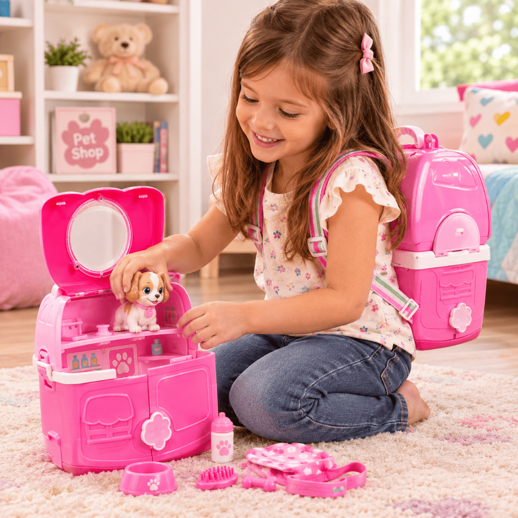 Brinquedo Mochila de Viagem  Meu Primeiro Pet Shop Infantil com Acessórios – Casinha Pet para Cachorro e Gato