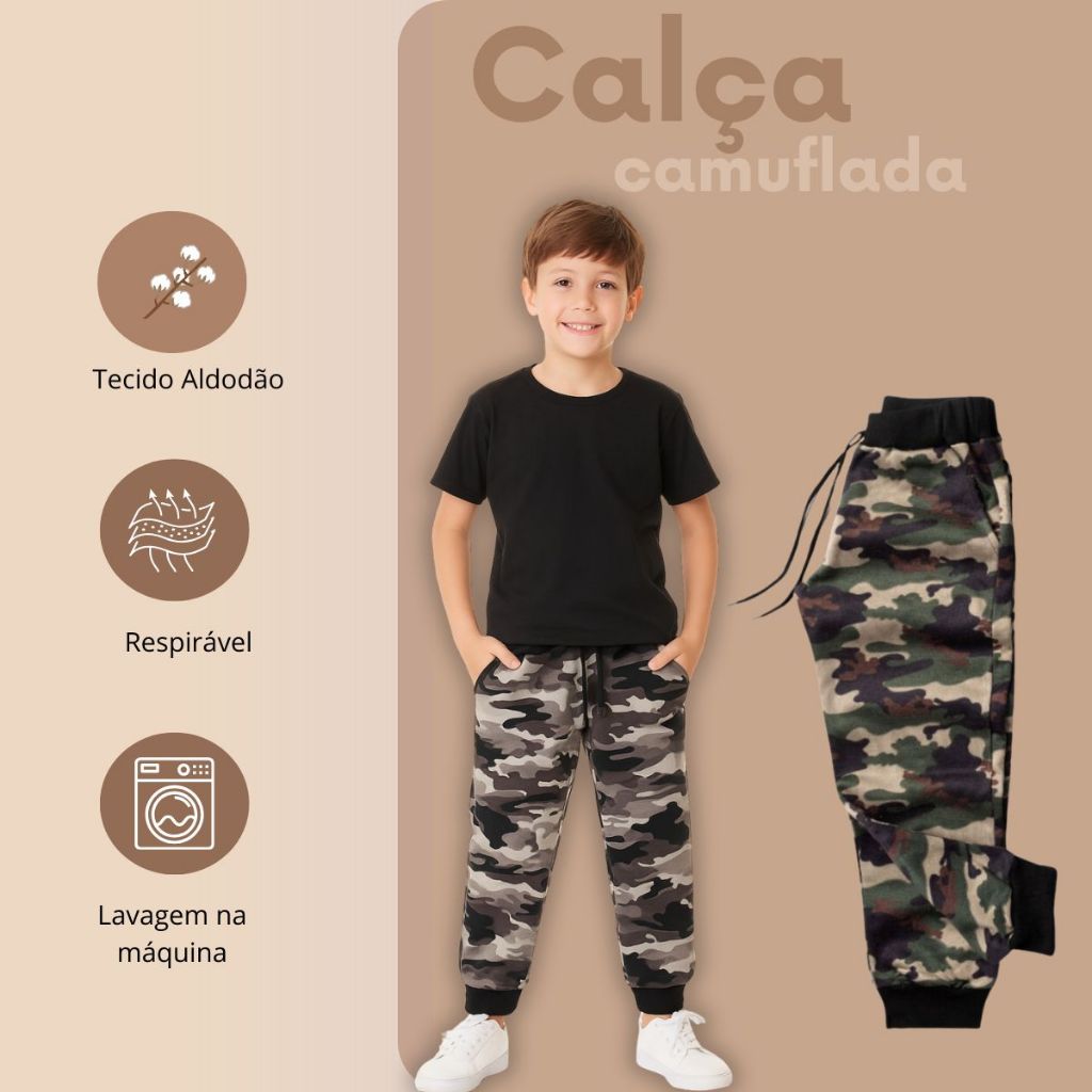 Calça camuflada infantil e juvenil unissex - Tam 1 ao 16 anos.