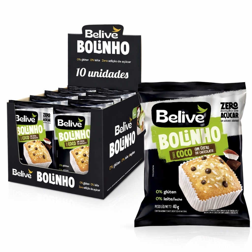 Kit 10 Bolinho BELIVE Coco com Chocolate Zero Gluten 40g