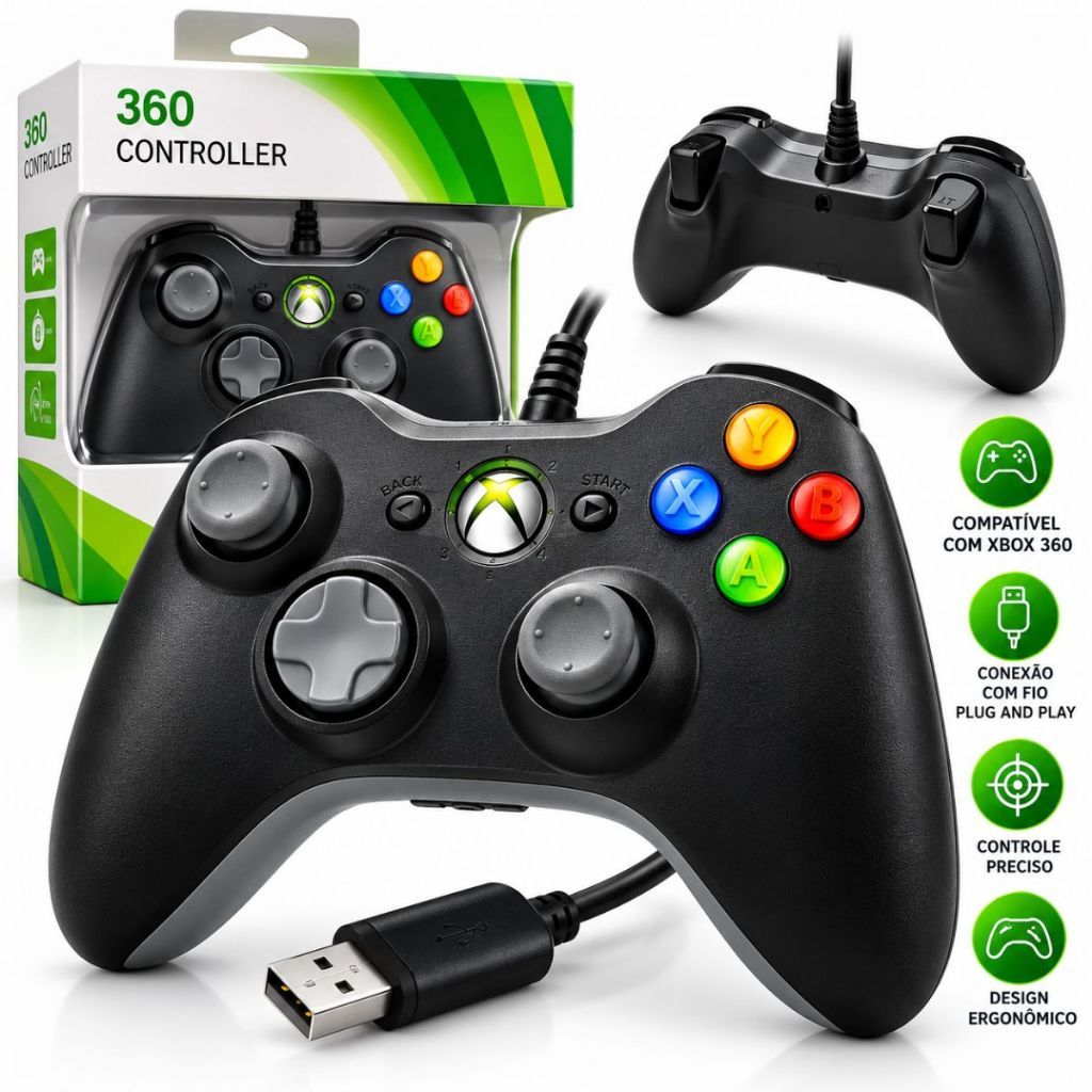 Controle De Xbox 360 Com Fio Para Vídeo Game e PC/ Fat E Pc Joystick