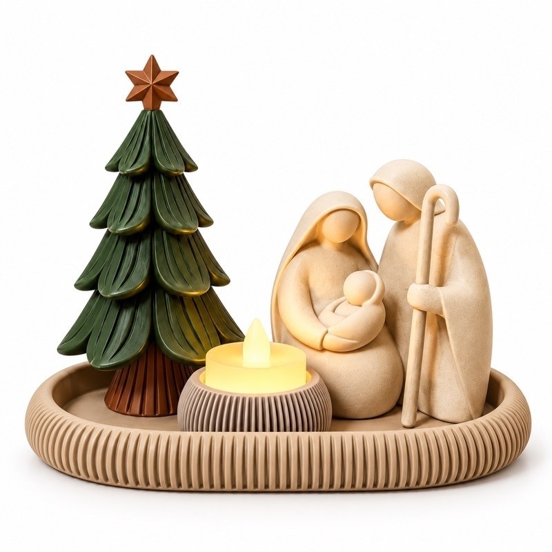 Decoração de Natal Minimalista com Bandeja e Vela Decorativa | Sagrada Família Decoração Religiosa para Casa