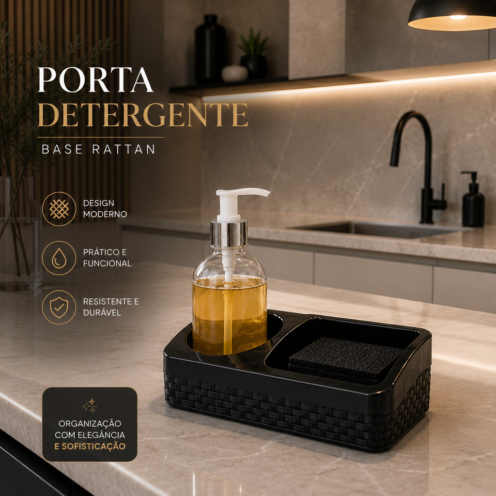 Porta Detergente  Rattan Preto Com Base preto Com destaque Esponja e Sabão Cozinha Bancada