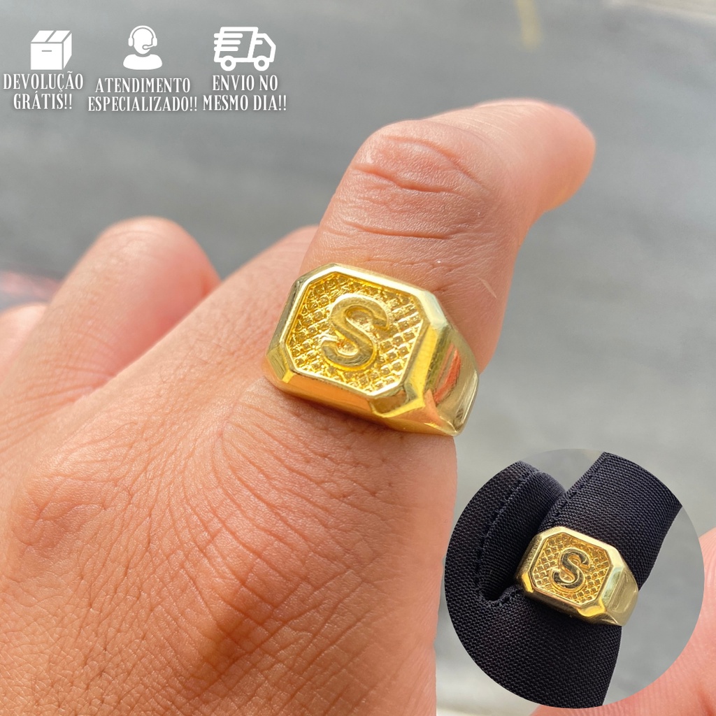 Anel de Letra Masculino Dedeira Letra S Auto Relevo Banhado a 24k